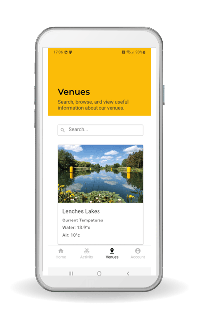 Sports Guardian app screen showing Lenches Lakes venue